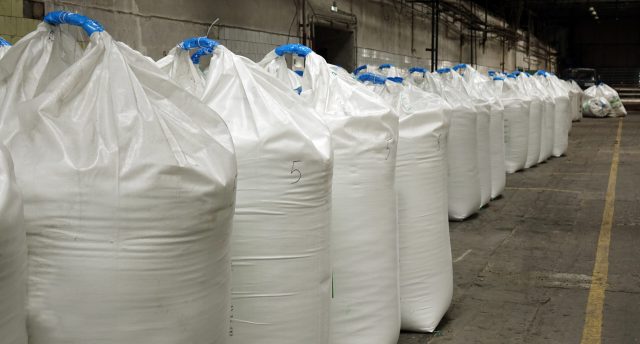 Bags of fertilizer in industrial production. woodworking